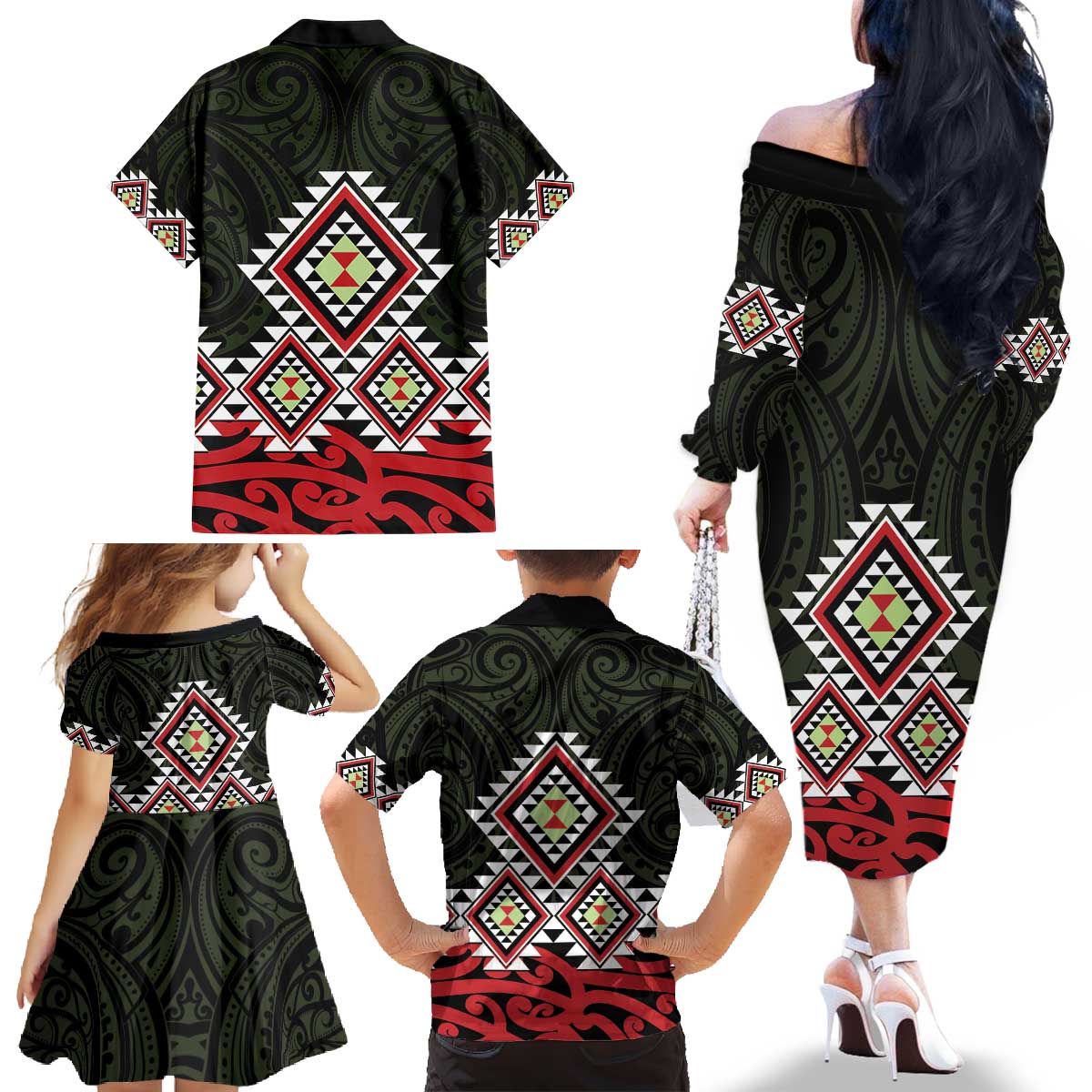 Kia Ora Aotearoa Family Matching Off The Shoulder Long Sleeve Dress and Hawaiian Shirt 2025 Pasifika Maori Taniko Motifs LT14 - Polynesian Pride