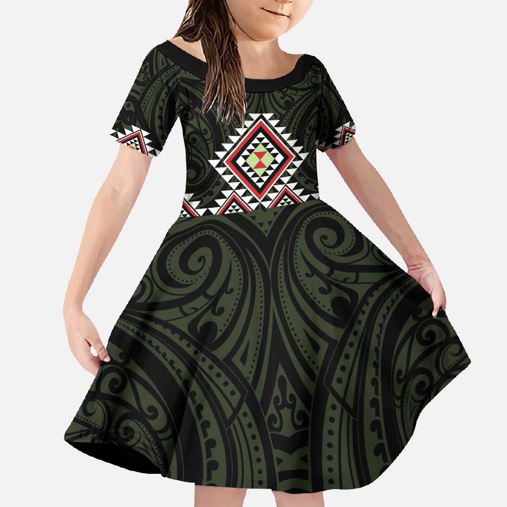 Kia Ora Aotearoa Family Matching Off Shoulder Maxi Dress and Hawaiian Shirt 2025 Pasifika Maori Taniko Motifs LT14 Daughter's Dress Black - Polynesian Pride