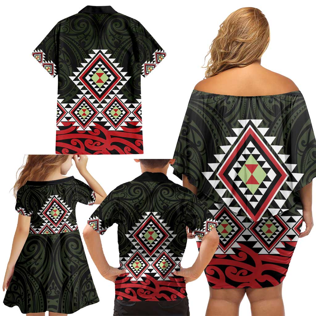 Kia Ora Aotearoa Family Matching Off Shoulder Short Dress and Hawaiian Shirt 2025 Pasifika Maori Taniko Motifs LT14 - Polynesian Pride