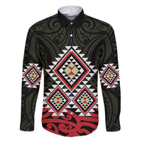 Kia Ora Aotearoa Family Matching Tank Maxi Dress and Hawaiian Shirt 2025 Pasifika Maori Taniko Motifs LT14 Dad's Shirt - Long Sleeve Black - Polynesian Pride