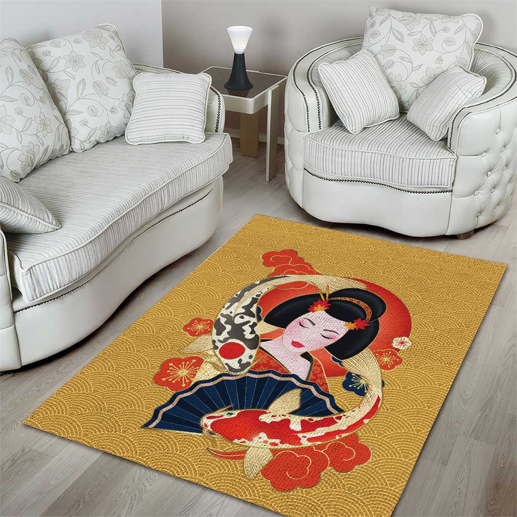 Japanese Geisha Koi Fish Area Rug Cherry Blossoms Yellow Seigaiha Pattern - Polynesian Pride
