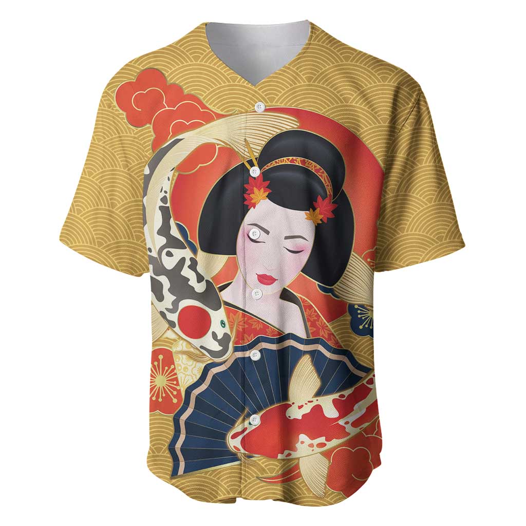 Japanese Geisha Koi Fish Baseball Jersey Cherry Blossoms Yellow Seigaiha Pattern - Polynesian Pride