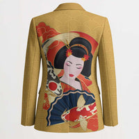 Japanese Geisha Koi Fish Blazer Cherry Blossoms Yellow Seigaiha Pattern - Polynesian Pride