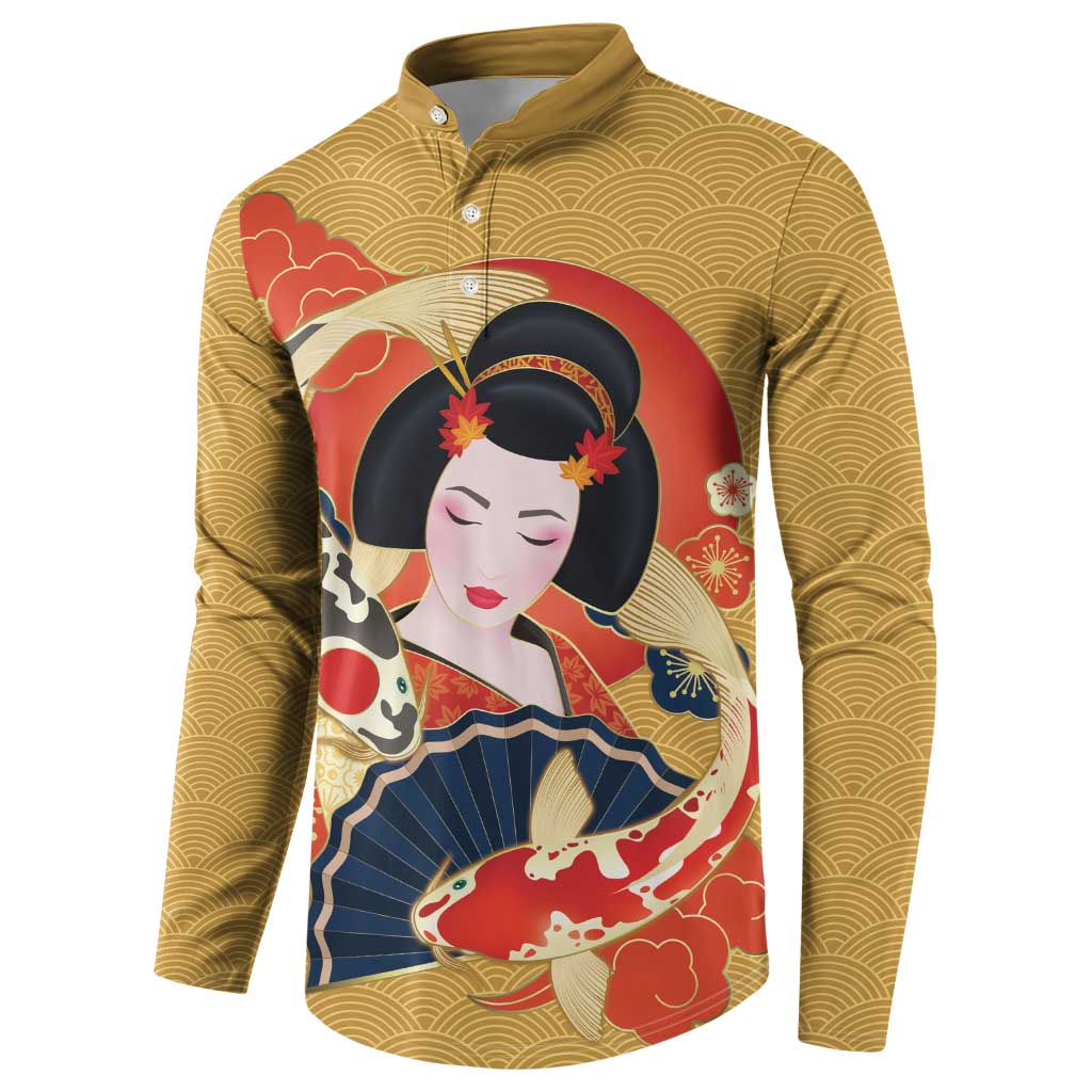 Japanese Geisha Koi Fish Button Sweatshirt Cherry Blossoms Yellow Seigaiha Pattern - Polynesian Pride