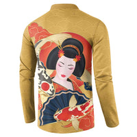 Japanese Geisha Koi Fish Button Sweatshirt Cherry Blossoms Yellow Seigaiha Pattern - Polynesian Pride