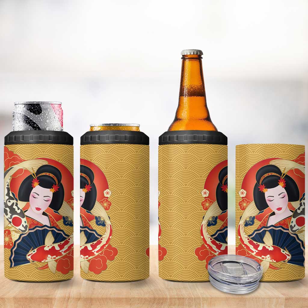 Japanese Geisha Koi Fish 4 in 1 Can Cooler Tumbler Cherry Blossoms Yellow Seigaiha Pattern - Polynesian Pride