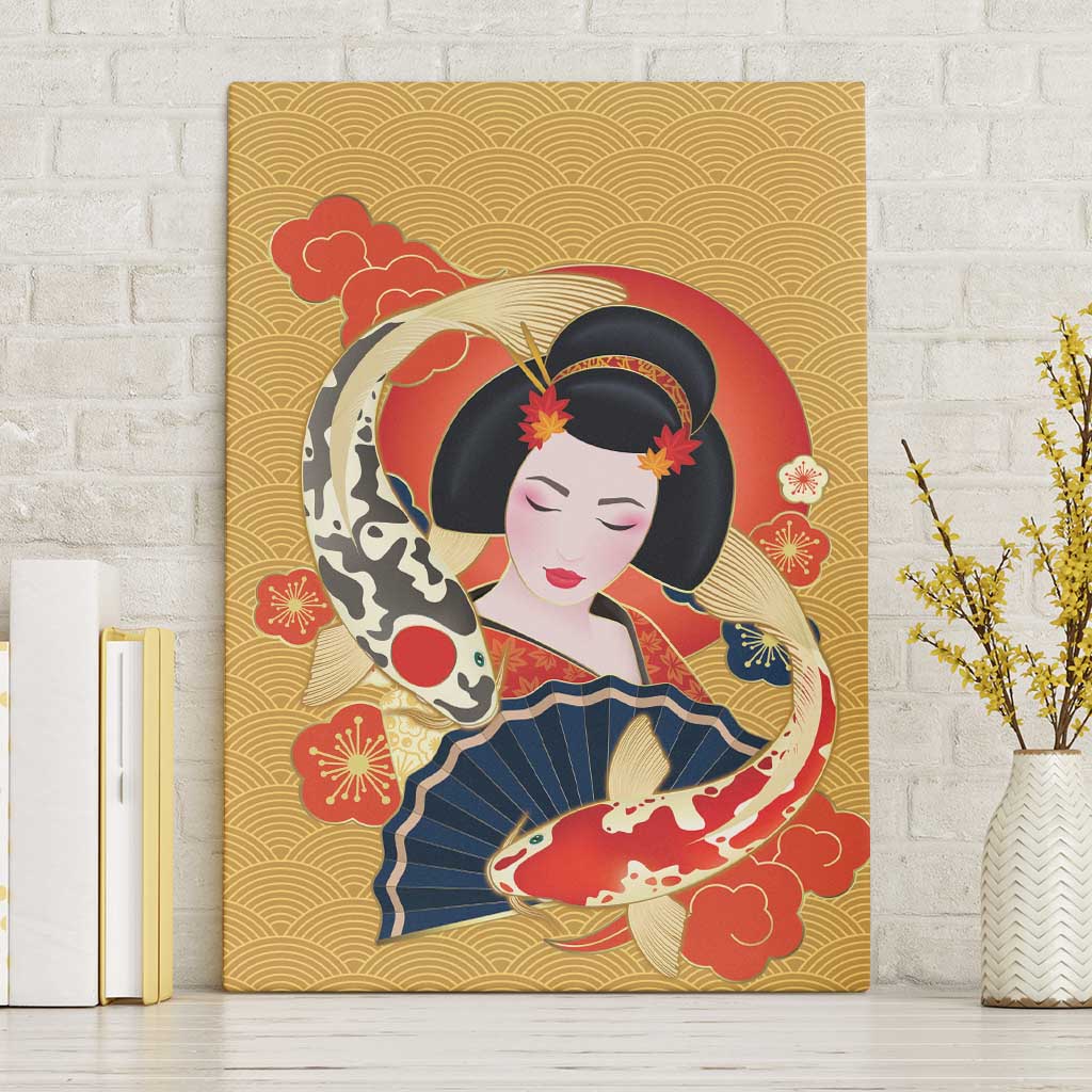 Japanese Geisha Koi Fish Canvas Wall Art Cherry Blossoms Yellow Seigaiha Pattern - Polynesian Pride