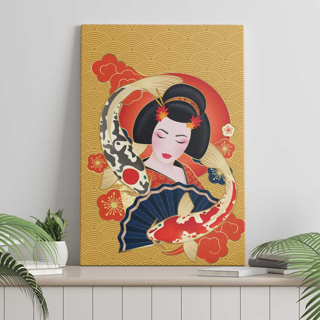 Japanese Geisha Koi Fish Canvas Wall Art Cherry Blossoms Yellow Seigaiha Pattern - Polynesian Pride