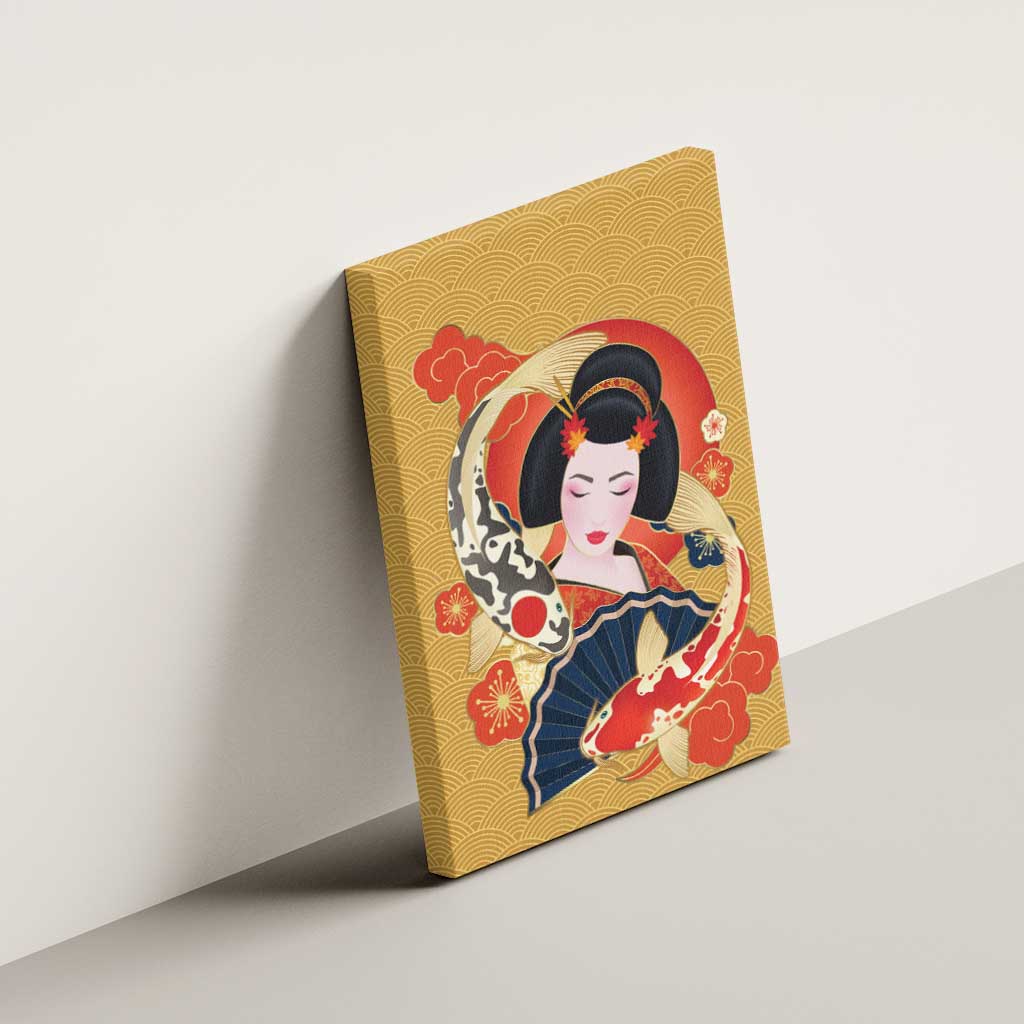 Japanese Geisha Koi Fish Canvas Wall Art Cherry Blossoms Yellow Seigaiha Pattern - Polynesian Pride
