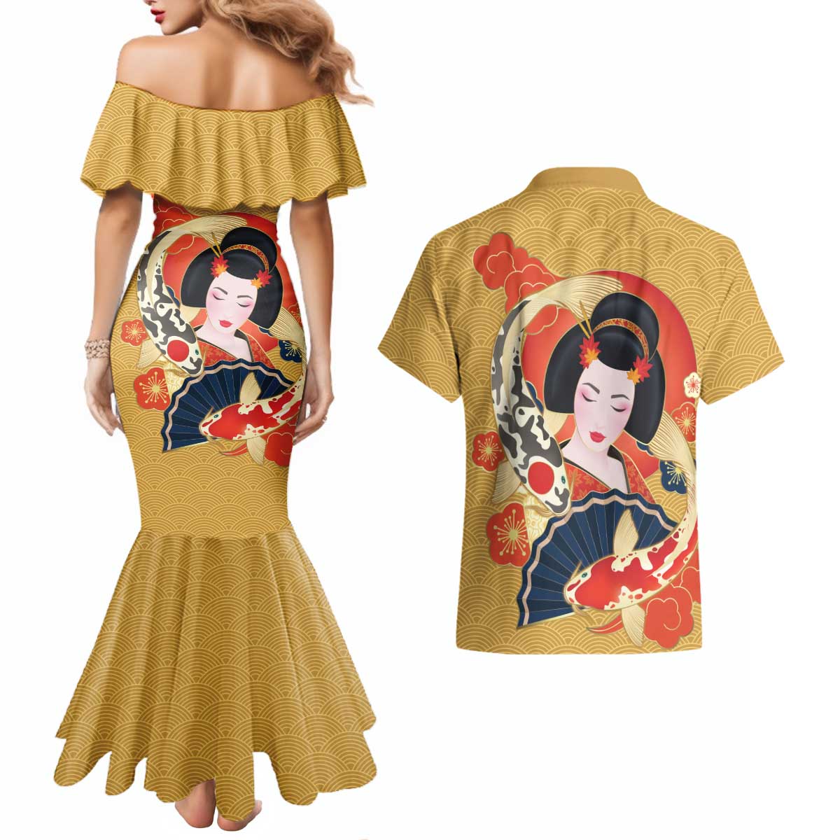 Japanese Geisha Koi Fish Couples Matching Mermaid Dress and Hawaiian Shirt Cherry Blossoms Yellow Seigaiha Pattern - Polynesian Pride