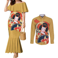 Japanese Geisha Koi Fish Couples Matching Mermaid Dress and Long Sleeve Button Shirt Cherry Blossoms Yellow Seigaiha Pattern - Polynesian Pride