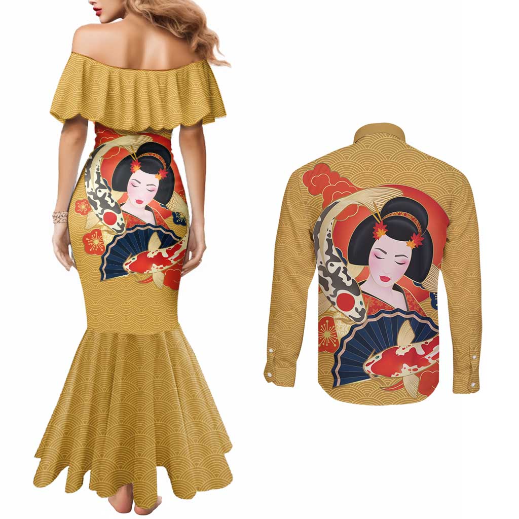 Japanese Geisha Koi Fish Couples Matching Mermaid Dress and Long Sleeve Button Shirt Cherry Blossoms Yellow Seigaiha Pattern - Polynesian Pride