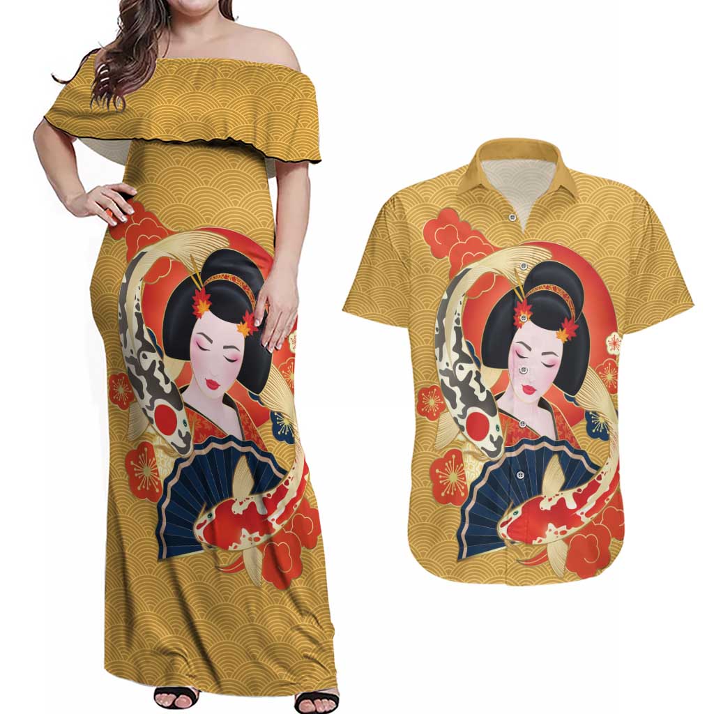 Japanese Geisha Koi Fish Couples Matching Off Shoulder Maxi Dress and Hawaiian Shirt Cherry Blossoms Yellow Seigaiha Pattern - Polynesian Pride