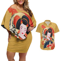 Japanese Geisha Koi Fish Couples Matching Off Shoulder Short Dress and Hawaiian Shirt Cherry Blossoms Yellow Seigaiha Pattern LT14 Yellow - Polynesian Pride