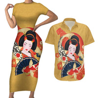 Japanese Geisha Koi Fish Couples Matching Short Sleeve Bodycon Dress and Hawaiian Shirt Cherry Blossoms Yellow Seigaiha Pattern - Polynesian Pride