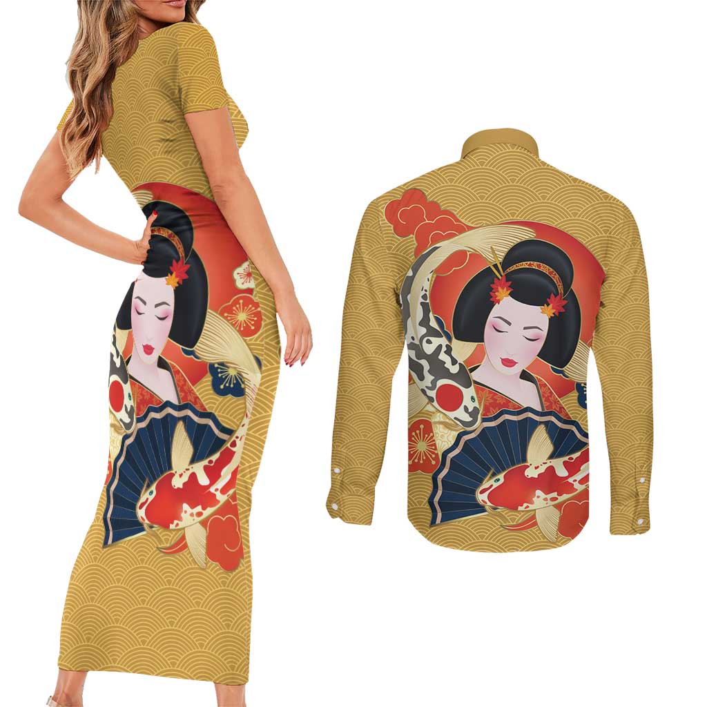 Japanese Geisha Koi Fish Couples Matching Short Sleeve Bodycon Dress and Long Sleeve Button Shirt Cherry Blossoms Yellow Seigaiha Pattern - Polynesian Pride