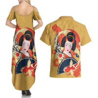 Japanese Geisha Koi Fish Couples Matching Summer Maxi Dress and Hawaiian Shirt Cherry Blossoms Yellow Seigaiha Pattern - Polynesian Pride