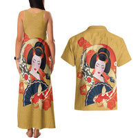 Japanese Geisha Koi Fish Couples Matching Tank Maxi Dress and Hawaiian Shirt Cherry Blossoms Yellow Seigaiha Pattern - Polynesian Pride
