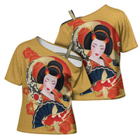 Japanese Geisha Koi Fish Cross Shoulder Shirt Cherry Blossoms Yellow Seigaiha Pattern - Polynesian Pride