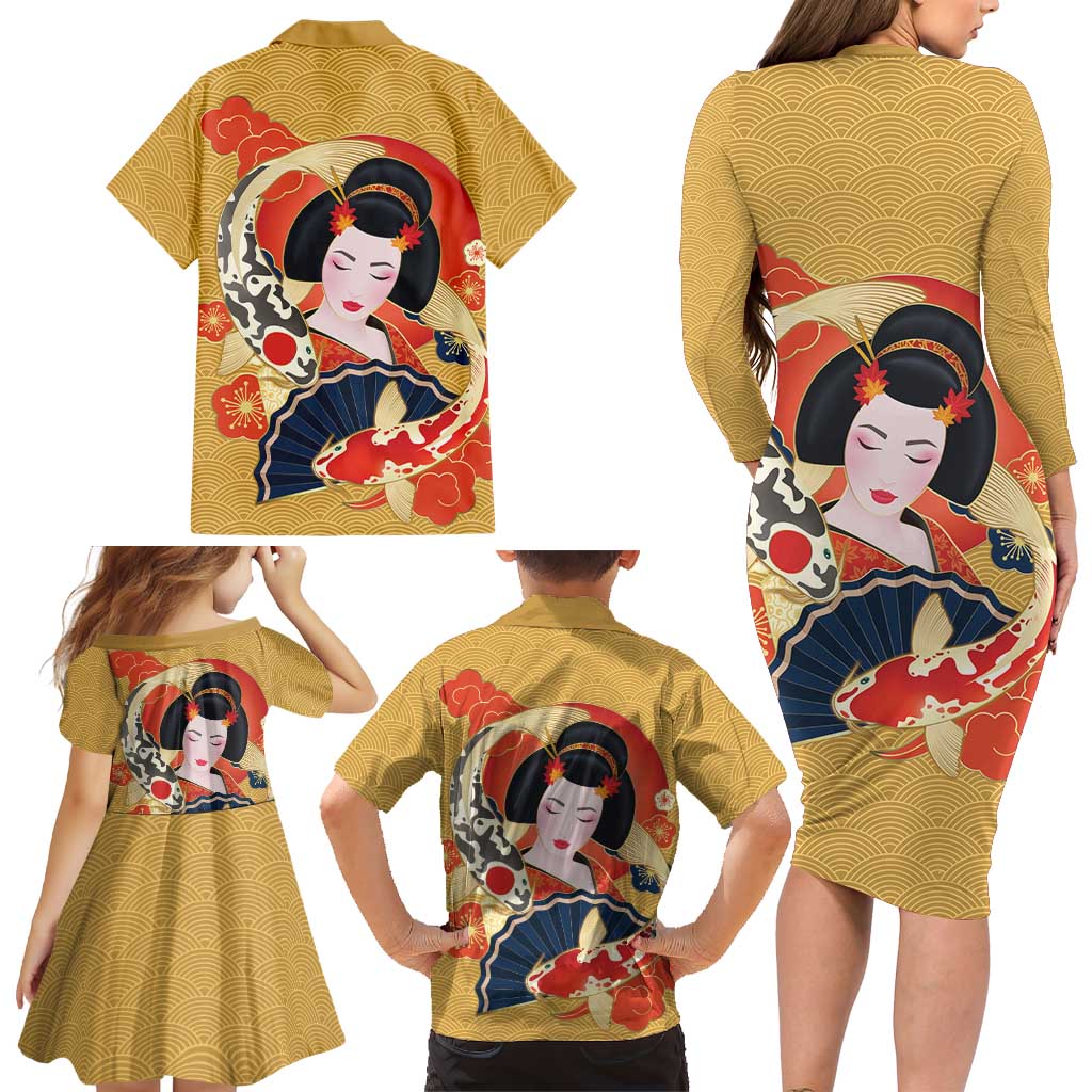 Japanese Geisha Koi Fish Family Matching Long Sleeve Bodycon Dress and Hawaiian Shirt Cherry Blossoms Yellow Seigaiha Pattern LT14 - Polynesian Pride