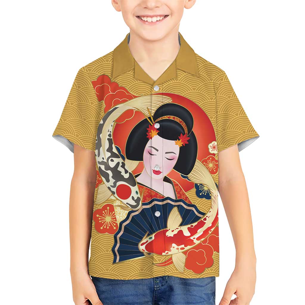 Japanese Geisha Koi Fish Family Matching Long Sleeve Bodycon Dress and Hawaiian Shirt Cherry Blossoms Yellow Seigaiha Pattern LT14 Son's Shirt Yellow - Polynesian Pride