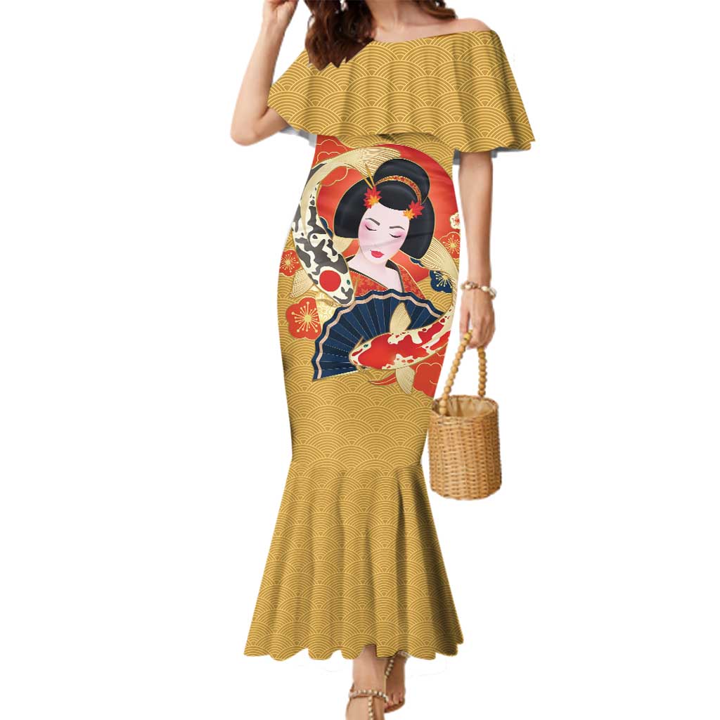 Japanese Geisha Koi Fish Family Matching Mermaid Dress and Hawaiian Shirt Cherry Blossoms Yellow Seigaiha Pattern LT14 Mom's Dress Yellow - Polynesian Pride