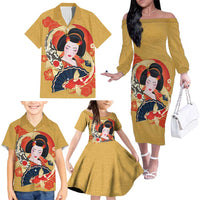 Japanese Geisha Koi Fish Family Matching Off The Shoulder Long Sleeve Dress and Hawaiian Shirt Cherry Blossoms Yellow Seigaiha Pattern LT14 - Polynesian Pride