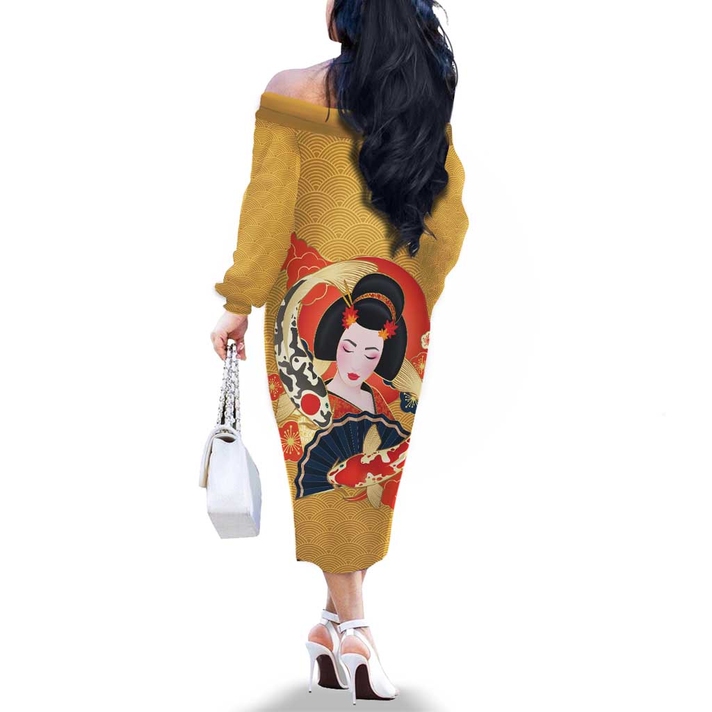 Japanese Geisha Koi Fish Family Matching Off The Shoulder Long Sleeve Dress and Hawaiian Shirt Cherry Blossoms Yellow Seigaiha Pattern LT14 - Polynesian Pride