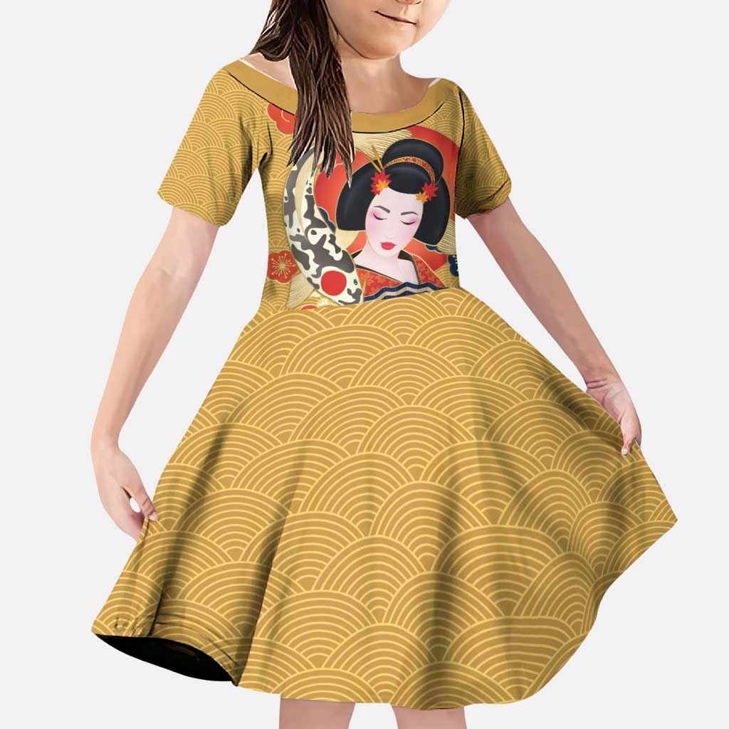 Japanese Geisha Koi Fish Family Matching Off Shoulder Maxi Dress and Hawaiian Shirt Cherry Blossoms Yellow Seigaiha Pattern LT14 Daughter's Dress Yellow - Polynesian Pride