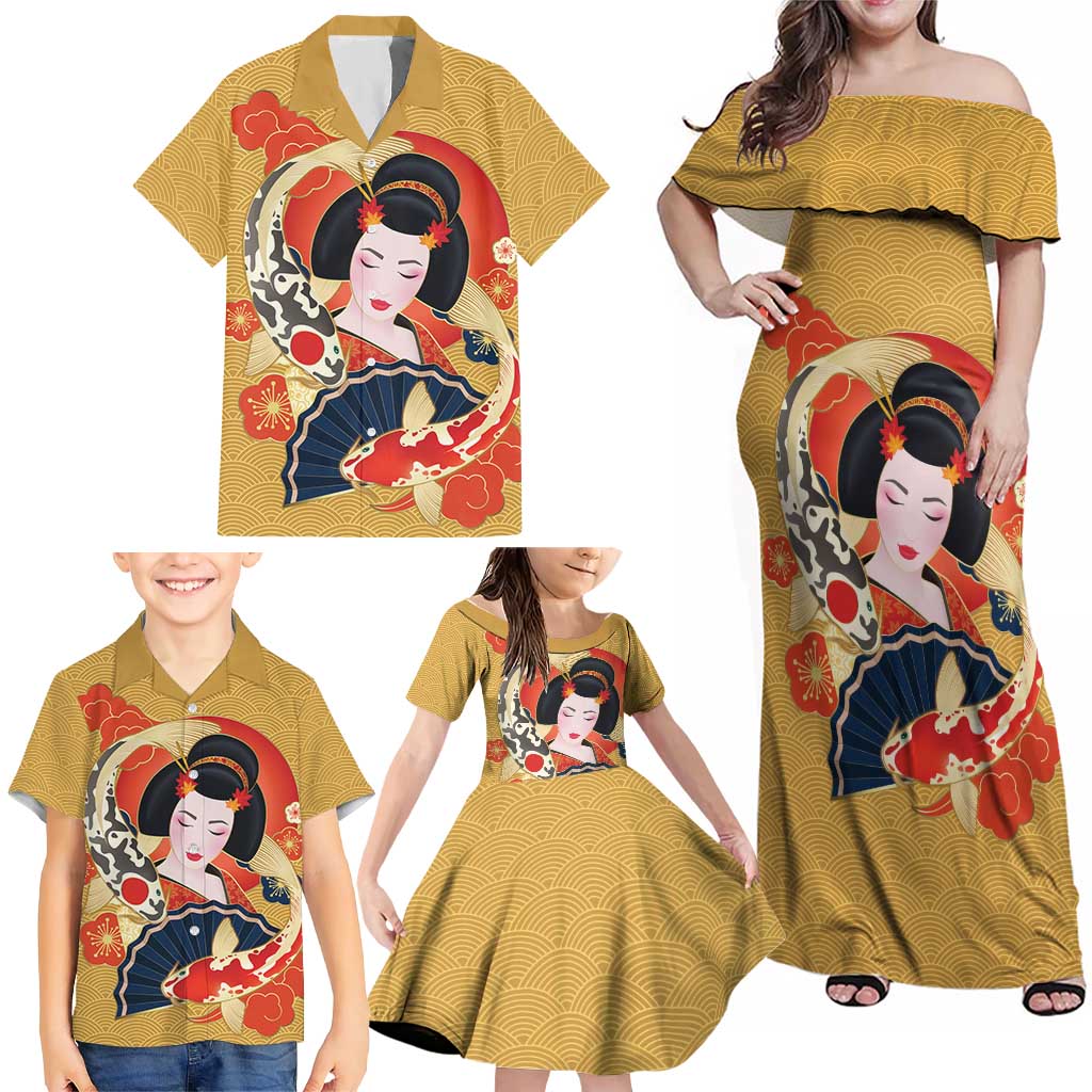 Japanese Geisha Koi Fish Family Matching Off Shoulder Maxi Dress and Hawaiian Shirt Cherry Blossoms Yellow Seigaiha Pattern LT14 - Polynesian Pride