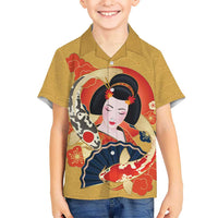 Japanese Geisha Koi Fish Family Matching Off Shoulder Maxi Dress and Hawaiian Shirt Cherry Blossoms Yellow Seigaiha Pattern LT14 Son's Shirt Yellow - Polynesian Pride