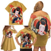 Japanese Geisha Koi Fish Family Matching Off Shoulder Short Dress and Hawaiian Shirt Cherry Blossoms Yellow Seigaiha Pattern LT14 - Polynesian Pride