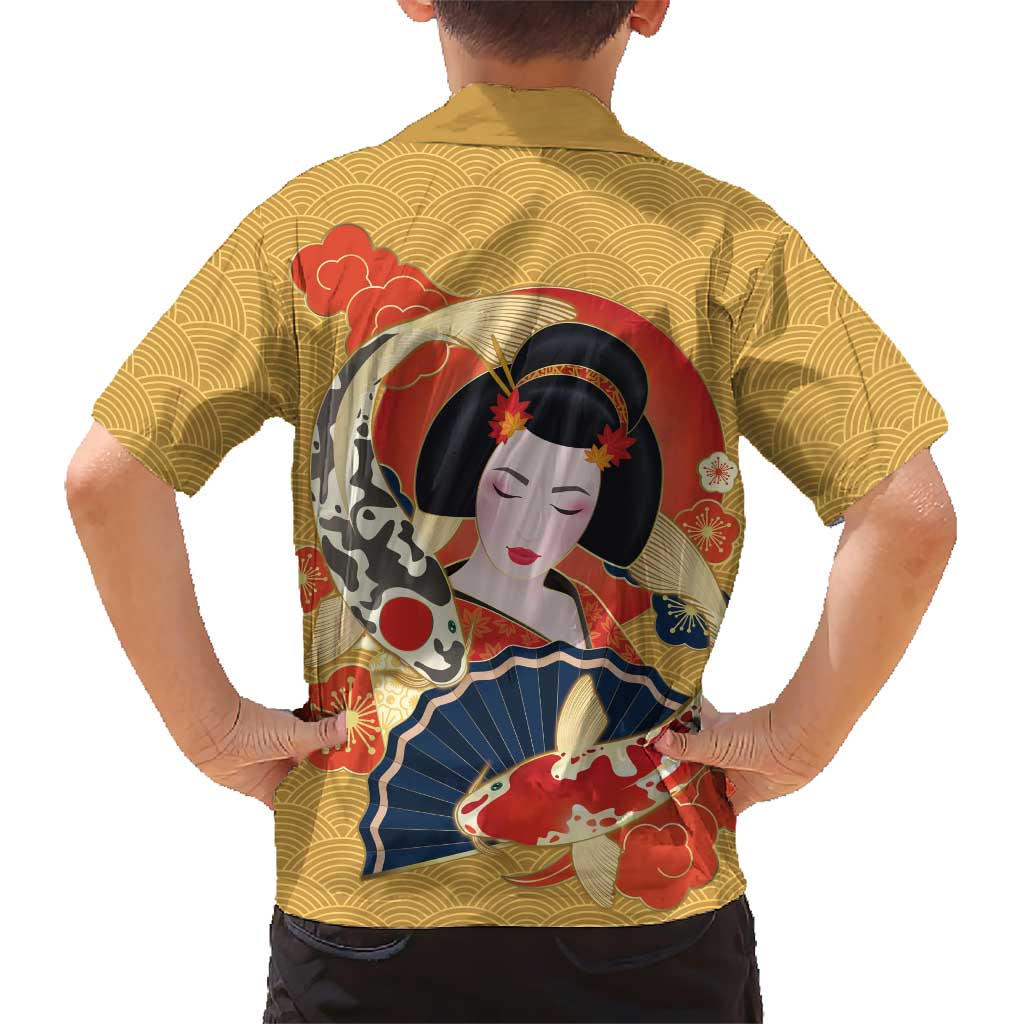 Japanese Geisha Koi Fish Family Matching Puletasi and Hawaiian Shirt Cherry Blossoms Yellow Seigaiha Pattern LT14 - Polynesian Pride
