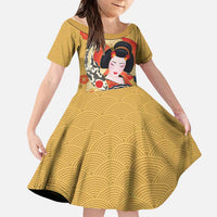 Japanese Geisha Koi Fish Family Matching Puletasi and Hawaiian Shirt Cherry Blossoms Yellow Seigaiha Pattern LT14 Daughter's Dress Yellow - Polynesian Pride