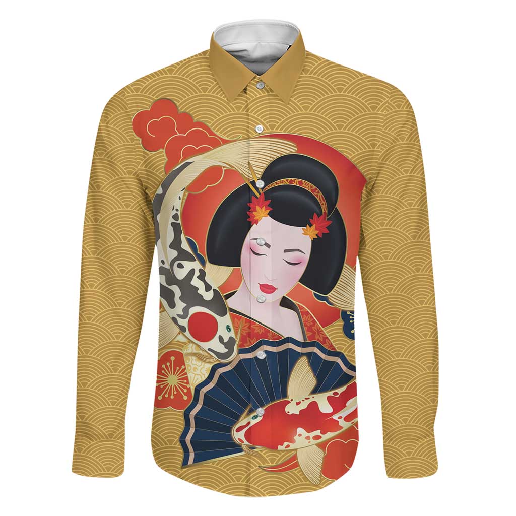 Japanese Geisha Koi Fish Family Matching Puletasi and Hawaiian Shirt Cherry Blossoms Yellow Seigaiha Pattern LT14 Dad's Shirt - Long Sleeve Yellow - Polynesian Pride