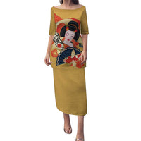 Japanese Geisha Koi Fish Family Matching Puletasi and Hawaiian Shirt Cherry Blossoms Yellow Seigaiha Pattern LT14 Mom's Dress Yellow - Polynesian Pride