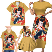 Japanese Geisha Koi Fish Family Matching Short Sleeve Bodycon Dress and Hawaiian Shirt Cherry Blossoms Yellow Seigaiha Pattern LT14 - Polynesian Pride