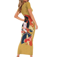 Japanese Geisha Koi Fish Family Matching Short Sleeve Bodycon Dress and Hawaiian Shirt Cherry Blossoms Yellow Seigaiha Pattern LT14 - Polynesian Pride