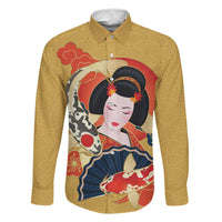 Japanese Geisha Koi Fish Family Matching Summer Maxi Dress and Hawaiian Shirt Cherry Blossoms Yellow Seigaiha Pattern LT14 Dad's Shirt - Long Sleeve Yellow - Polynesian Pride