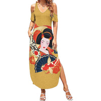 Japanese Geisha Koi Fish Family Matching Summer Maxi Dress and Hawaiian Shirt Cherry Blossoms Yellow Seigaiha Pattern LT14 Mom's Dress Yellow - Polynesian Pride