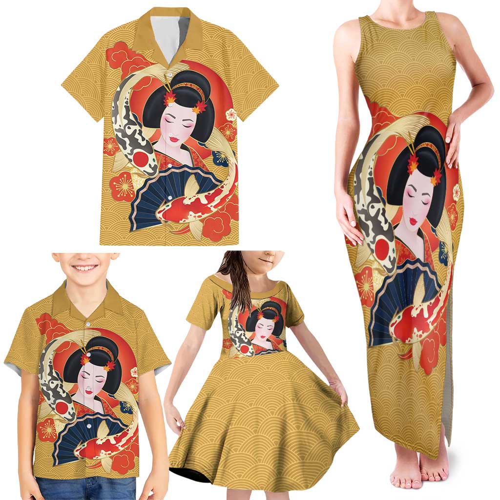 Japanese Geisha Koi Fish Family Matching Tank Maxi Dress and Hawaiian Shirt Cherry Blossoms Yellow Seigaiha Pattern LT14 - Polynesian Pride