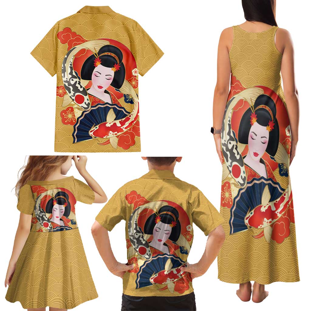 Japanese Geisha Koi Fish Family Matching Tank Maxi Dress and Hawaiian Shirt Cherry Blossoms Yellow Seigaiha Pattern LT14 - Polynesian Pride