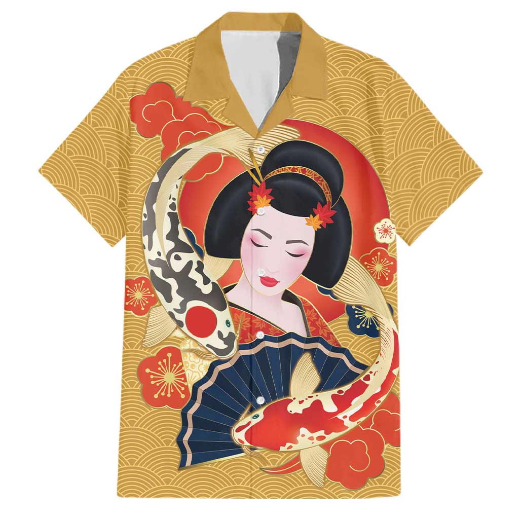 Japanese Geisha Koi Fish Family Matching Tank Maxi Dress and Hawaiian Shirt Cherry Blossoms Yellow Seigaiha Pattern LT14 Dad's Shirt - Short Sleeve Yellow - Polynesian Pride