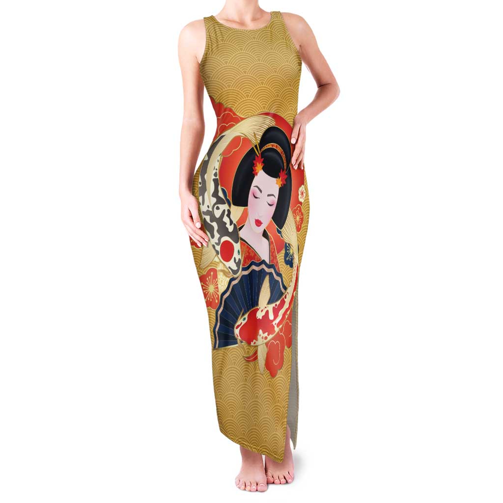 Japanese Geisha Koi Fish Family Matching Tank Maxi Dress and Hawaiian Shirt Cherry Blossoms Yellow Seigaiha Pattern LT14 Mom's Dress Yellow - Polynesian Pride