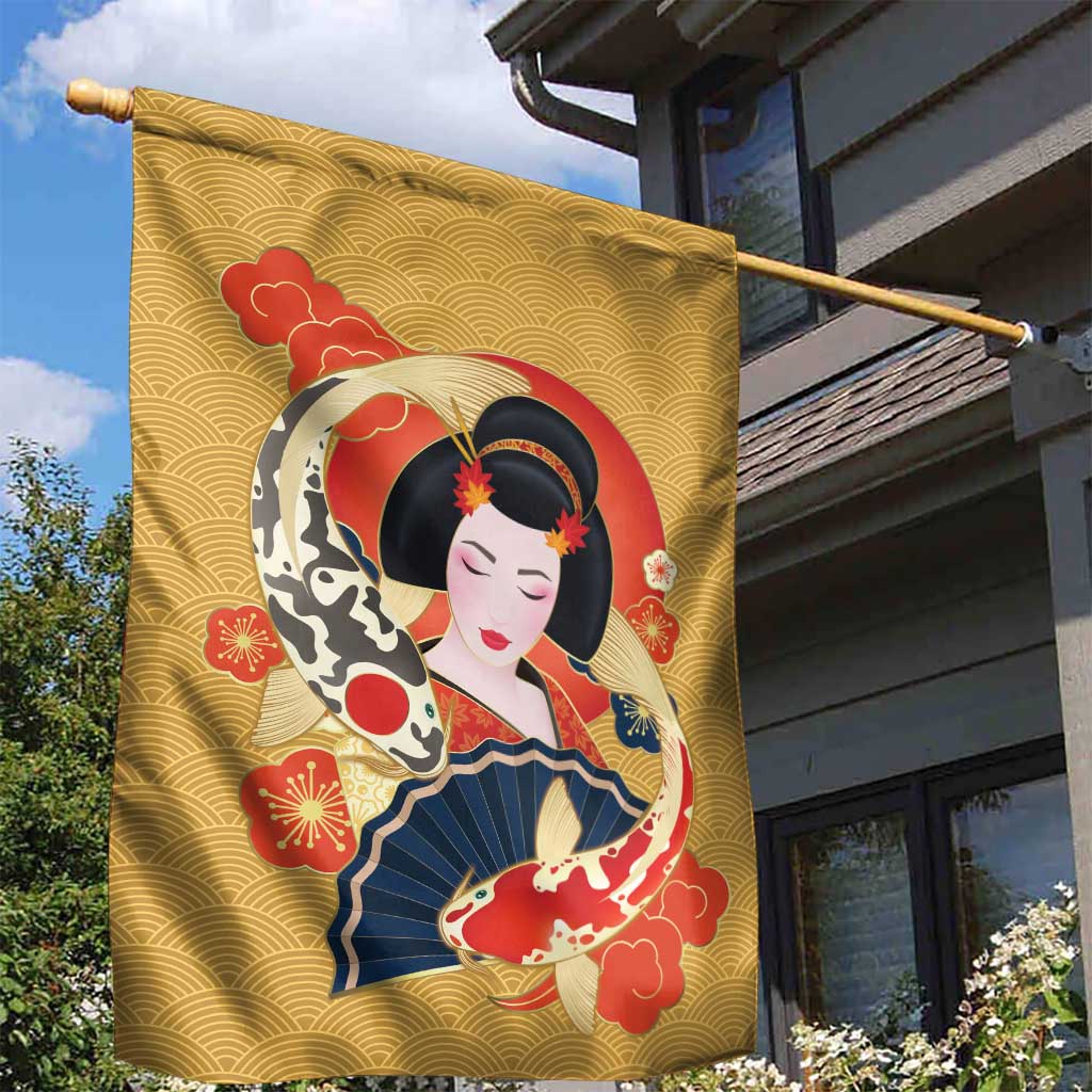 Japanese Geisha Koi Fish Garden Flag Cherry Blossoms Yellow Seigaiha Pattern - Polynesian Pride