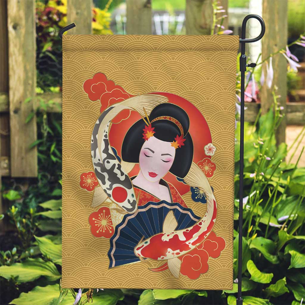 Japanese Geisha Koi Fish Garden Flag Cherry Blossoms Yellow Seigaiha Pattern - Polynesian Pride