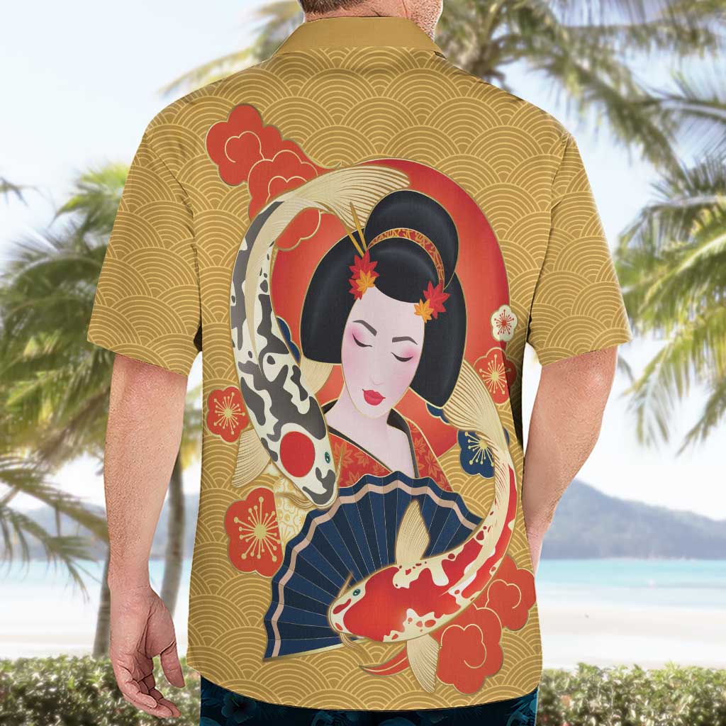 Japanese Geisha Koi Fish Hawaiian Shirt Cherry Blossoms Yellow Seigaiha Pattern LT14 - Polynesian Pride