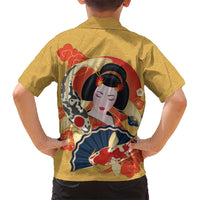 Japanese Geisha Koi Fish Kid Hawaiian Shirt Cherry Blossoms Yellow Seigaiha Pattern - Polynesian Pride