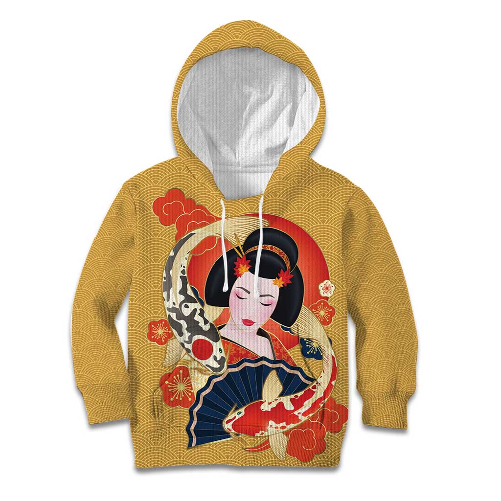 Japanese Geisha Koi Fish Kid Hoodie Cherry Blossoms Yellow Seigaiha Pattern - Polynesian Pride