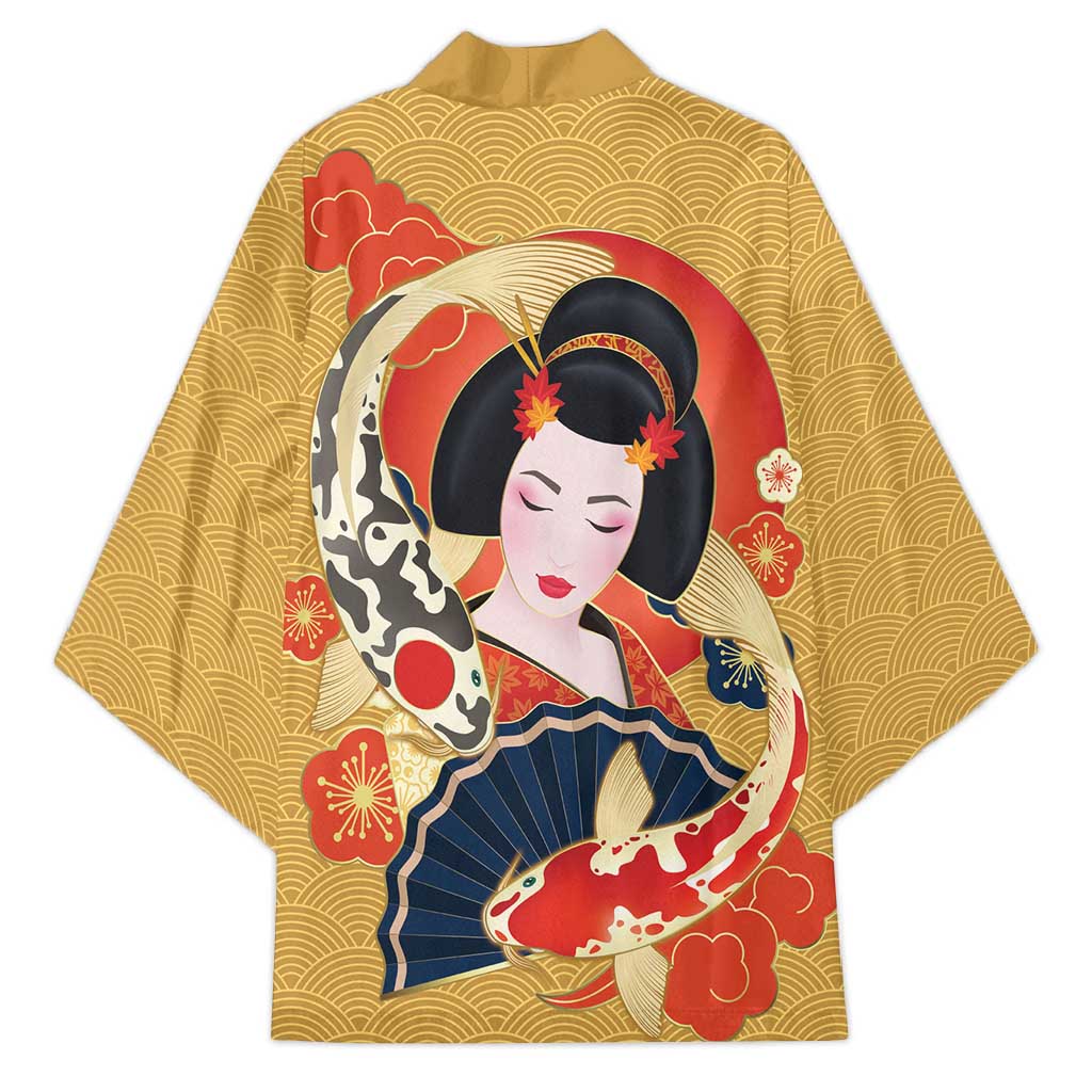 Japanese Geisha Koi Fish Kimono Cherry Blossoms Yellow Seigaiha Pattern - Polynesian Pride
